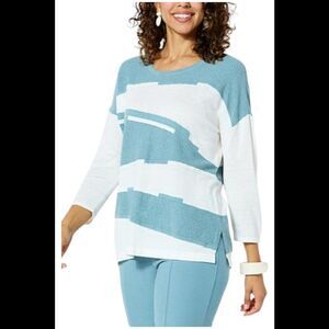 WynneCollection Ribbed Sleeve Intarsia Sweater Sea Blue - Regular